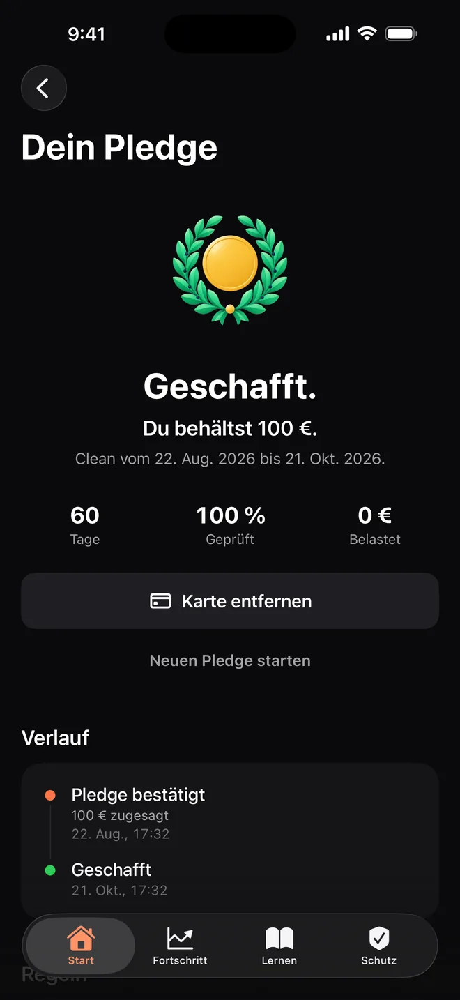 Ein abgeschlossenes Pledge: Geschafft. 100 Euro bleiben bei dir.