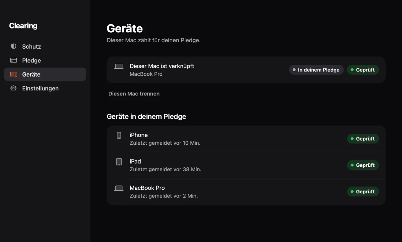 Geräte auf dem Mac: Dieser Mac ist verknüpft und Teil deines Pledges. iPhone, iPad und MacBook Pro geprüft.