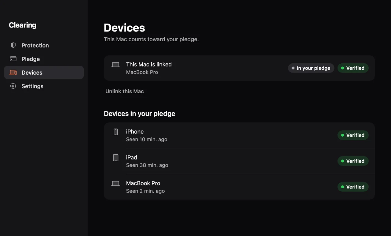 Devices on the Mac: this Mac is linked and in your pledge. iPhone, iPad and MacBook Pro verified.