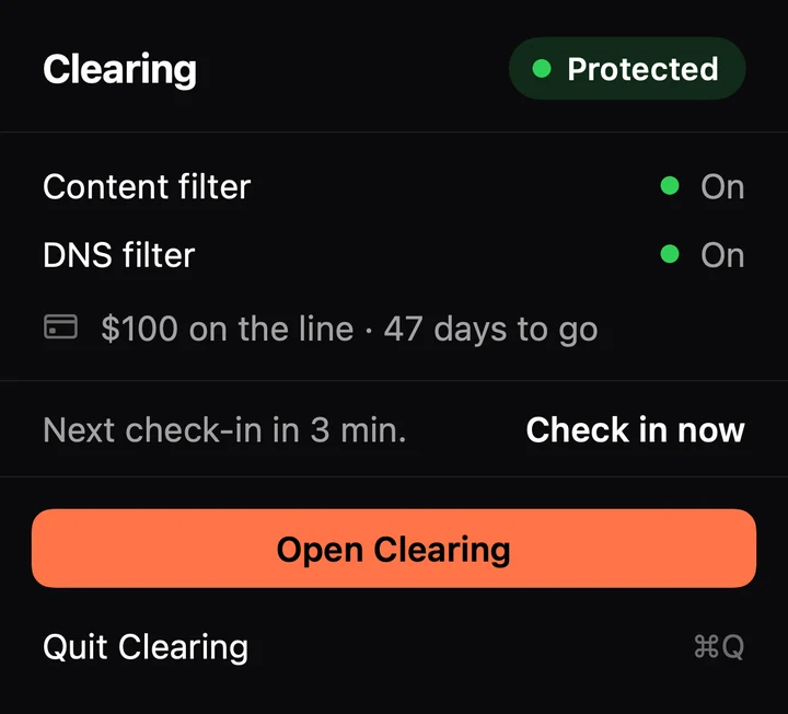The Clearing panel in the menu bar: Protected. Content filter and DNS filter on, $100 on the line, 47 days to go.