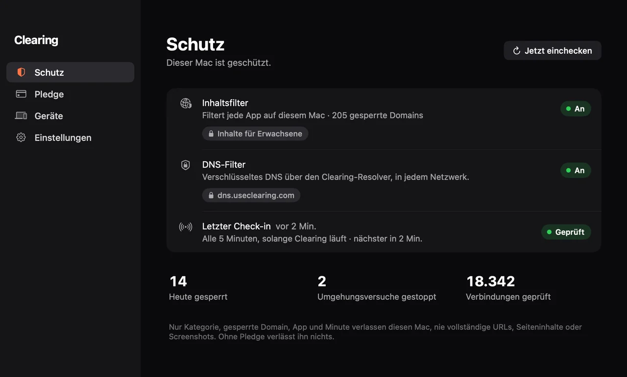 Clearing auf dem Mac: Dieser Mac ist geschützt. Inhaltsfilter und DNS-Filter an, geprüft.