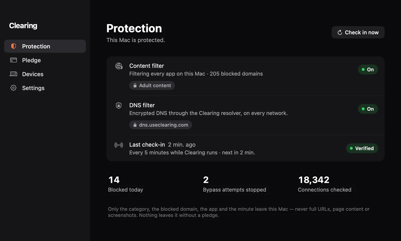 Clearing on a Mac: This Mac is protected. Content filter and DNS filter on, verified.