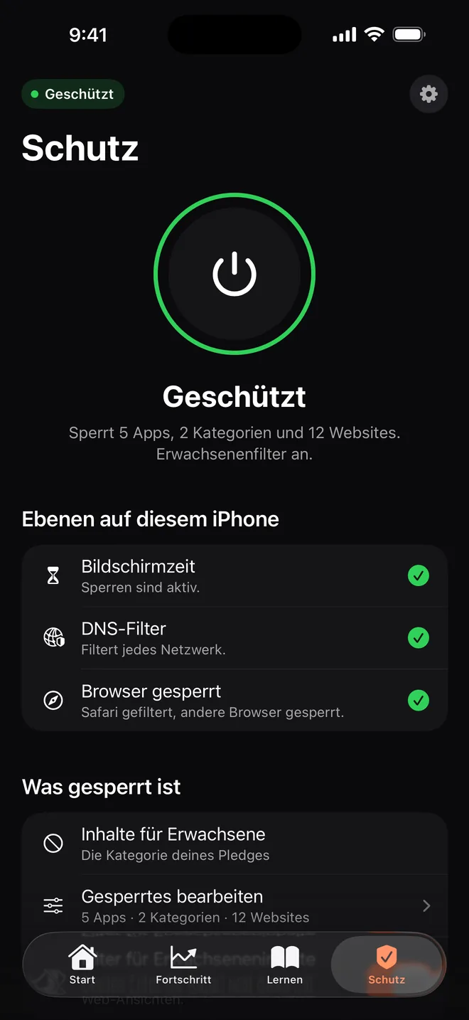 Clearing auf dem iPhone: Geschützt. Bildschirmzeit, DNS-Filter und Browser gesperrt.