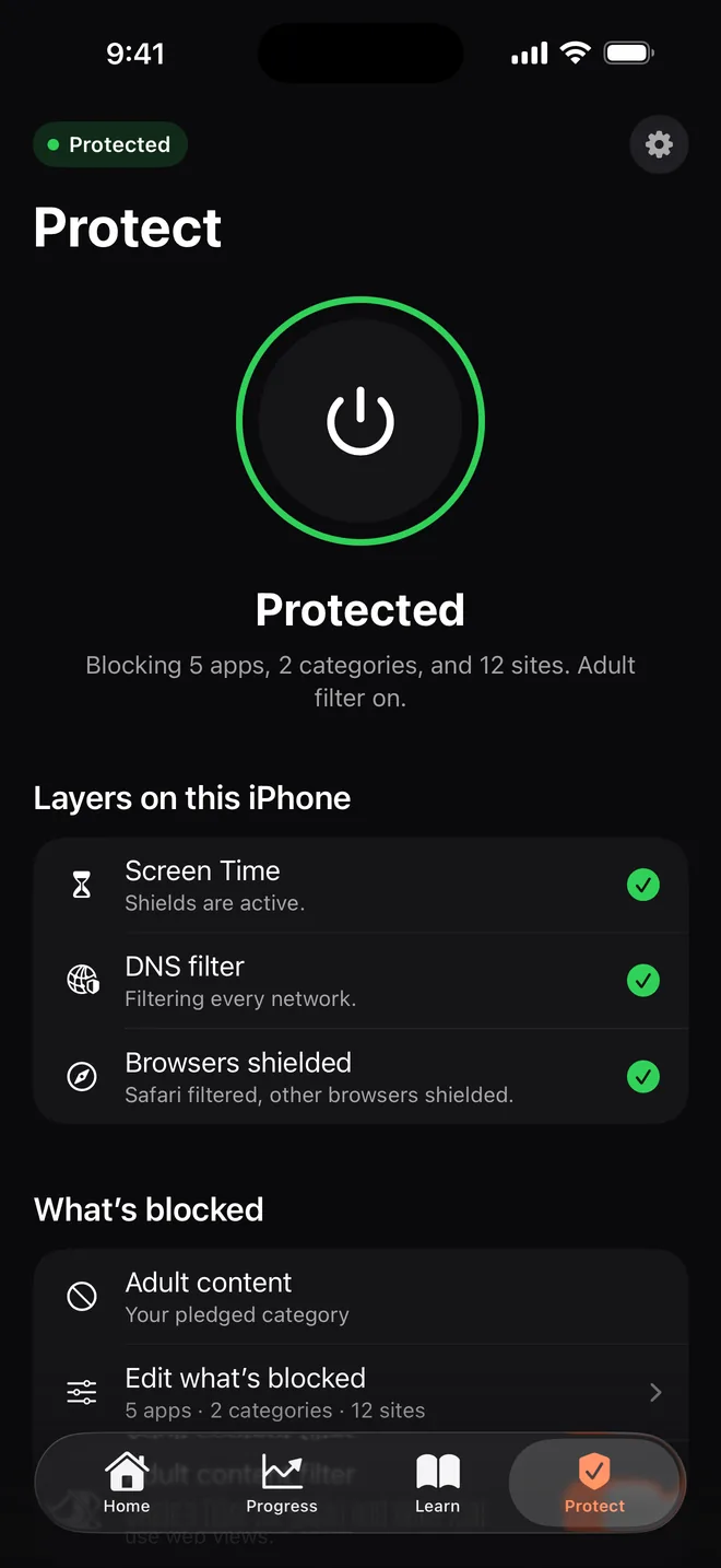 Clearing on an iPhone: Protected. Screen Time, DNS filter and browsers shielded.